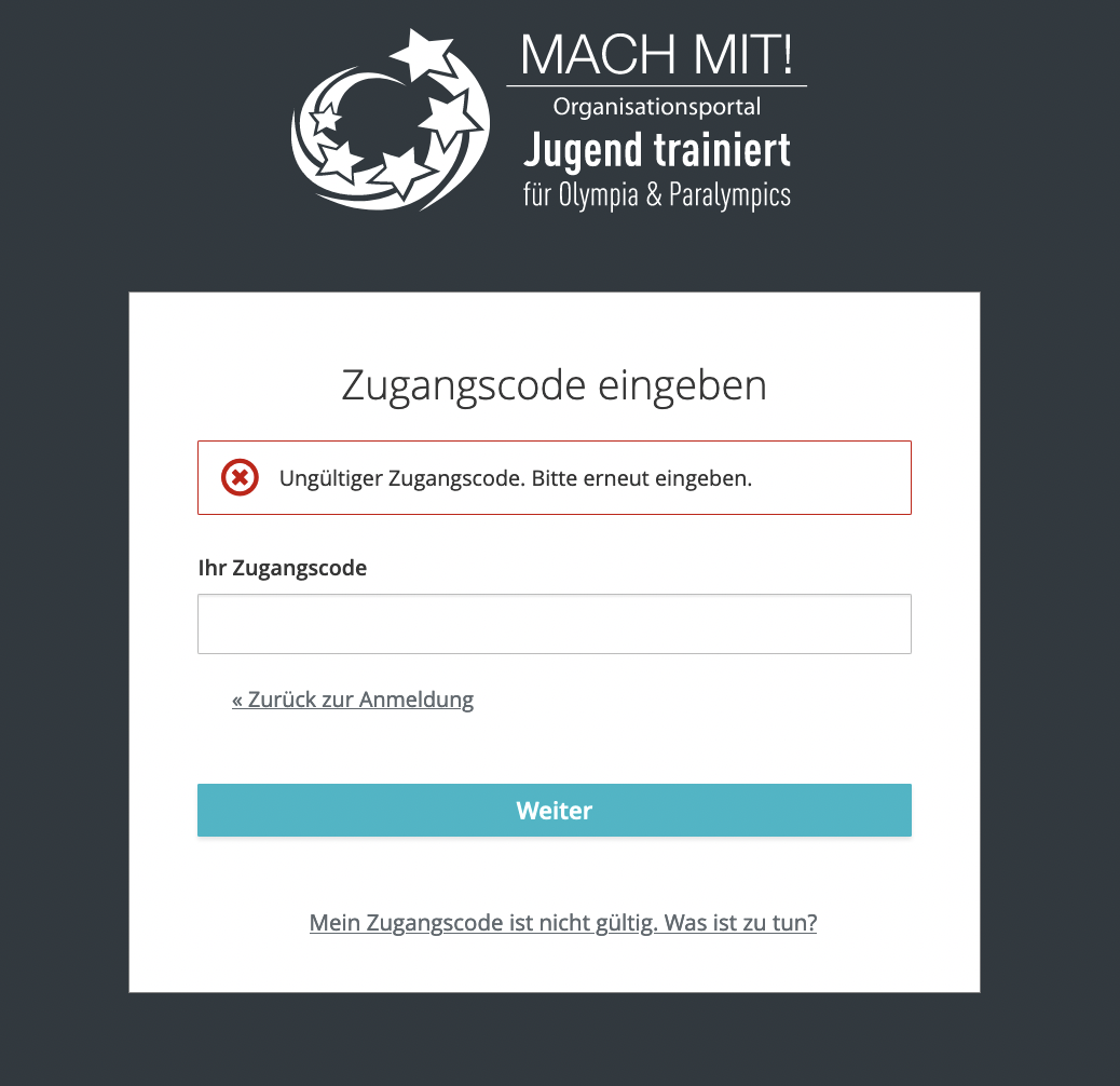 Zugangscode ungültig